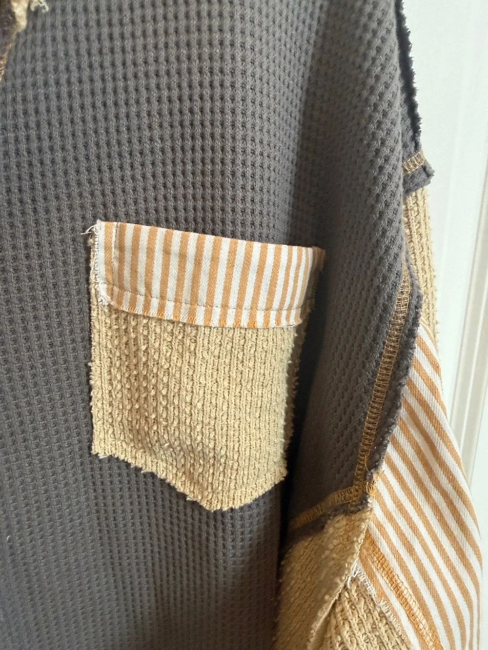 POL Patchwork Waffle-Knit Pullover - Gray & Cream - Picture 3 of 12